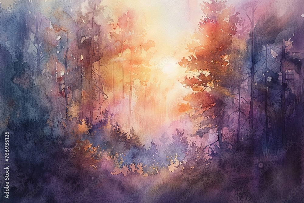 A watercolor painting of a sunrise over the forest, with delicate pastel - obrazy, fototapety, plakaty 