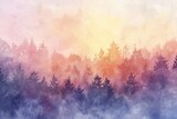 A watercolor painting of a sunrise over the forest, with delicate pastel