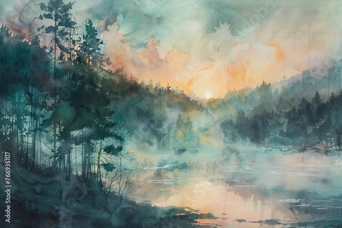 A watercolor painting of a sunrise over the forest, with delicate pastel