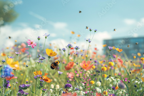 Sunlit meadow with vibrant wildflowers and a bee in flight © youriy