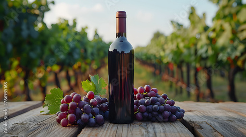 Elegant bottle of red wine with ripe grapes on a rustic wooden table against a vineyard background