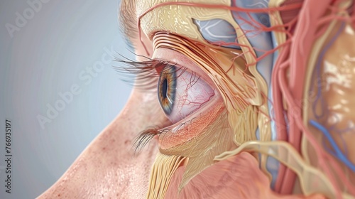 Illustrate the 3D structure and function of the lacrimal glands, crucial for eye lubricatio photo