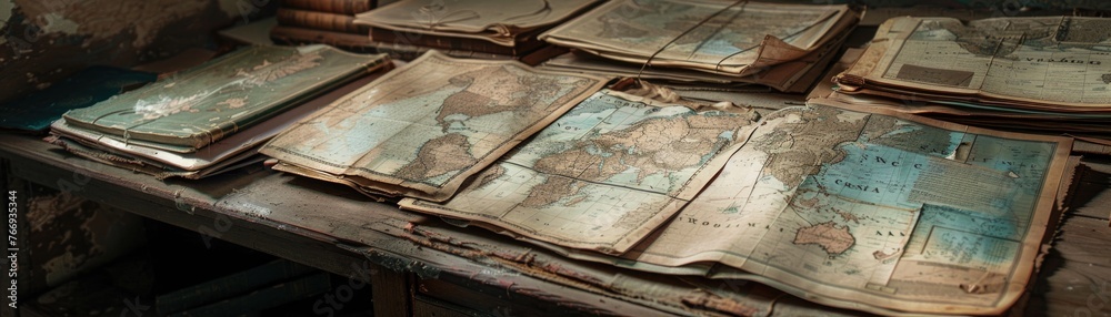 A dusty map, with routes of bygone adventures, sits forgotten on a shelf in a travel agency A dusty map, with routes of bygone adventures, sits forgotten on a shelf in a travel agency
