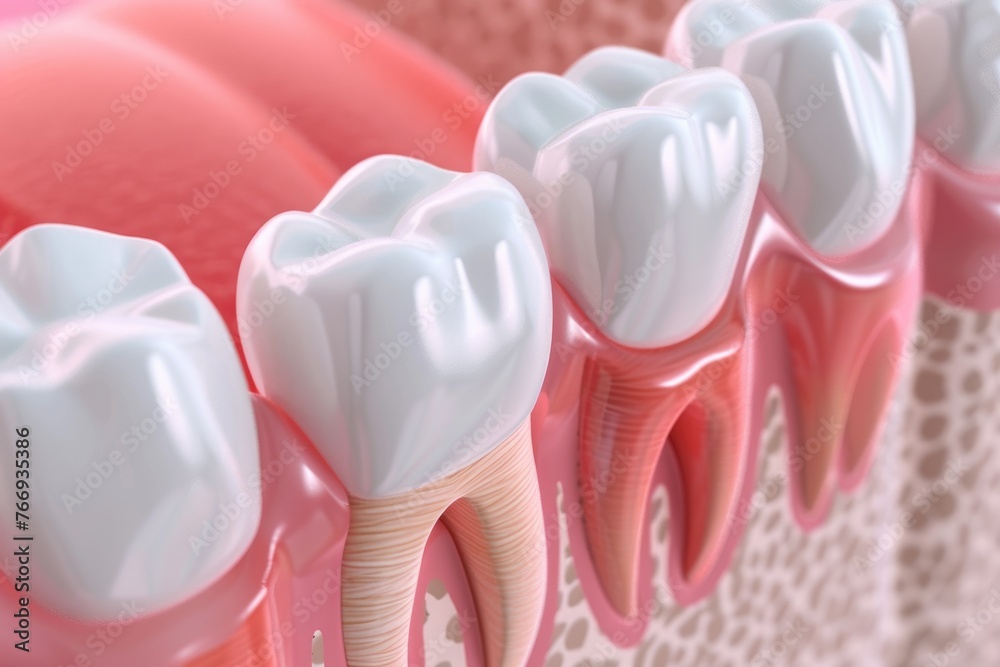 A tooth in 3D undergoing a soft tissue graft to cover exposed roots and lessen sensitivity - obrazy, fototapety, plakaty 