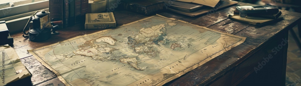 A dusty old map sprawled on a wooden desk in a dimly lit travel agency, forgotten by time - obrazy, fototapety, plakaty 