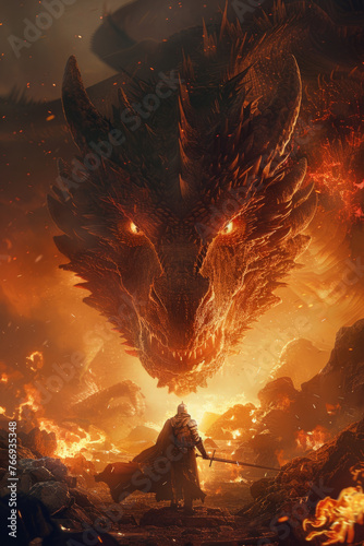 A digital artwork depicting a knight standing fearlessly in front of a gigantic  fierce dragon  glistening with molten lava-like texture under an ominous sky