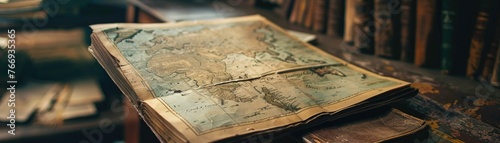 A dusty map  with routes of bygone adventures  sits forgotten on a shelf in a travel agency