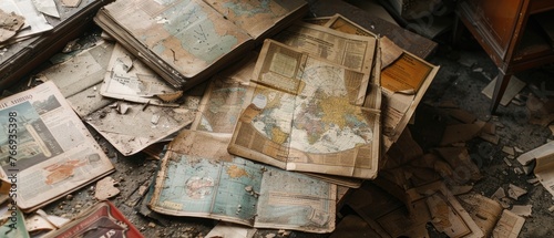 A forgotten map covered in dust, lying among old travel brochures in a derelict agency