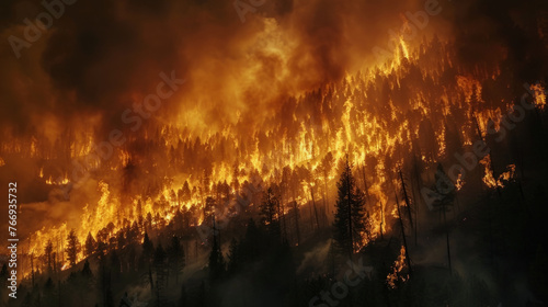 High-intensity wildfire raging through a dense forest, with towering flames engulfing trees and producing thick smoke under an ominous orange sky.