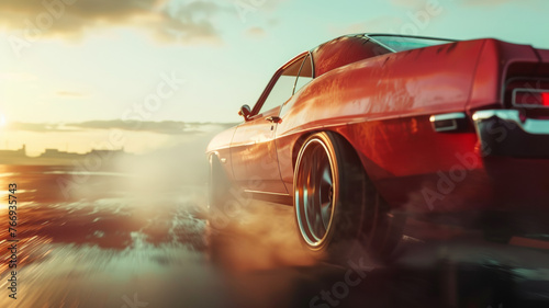 Red vintage car speeding on a coastal road at sunset.