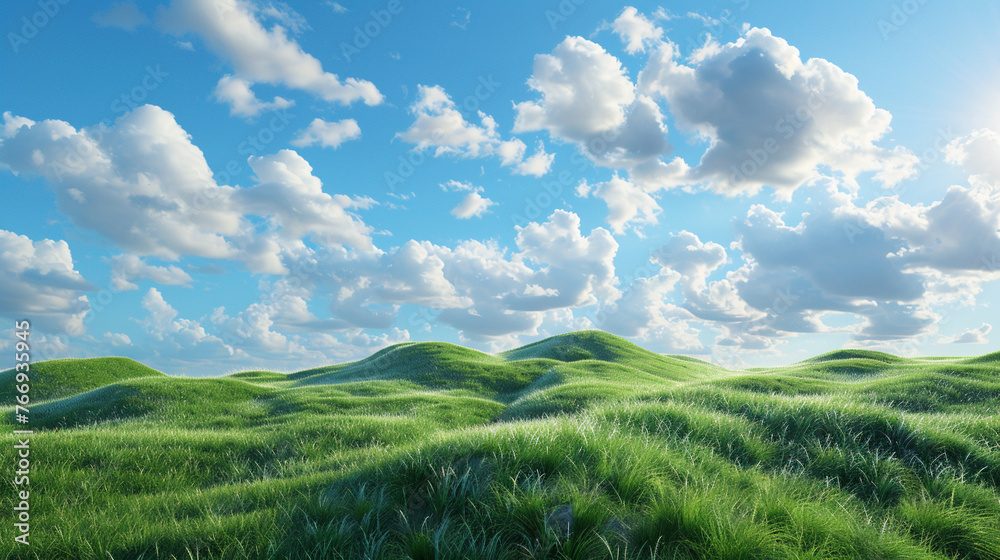 White clouds drift across a vibrant blue sky, casting shadows on the grassy hills below.
