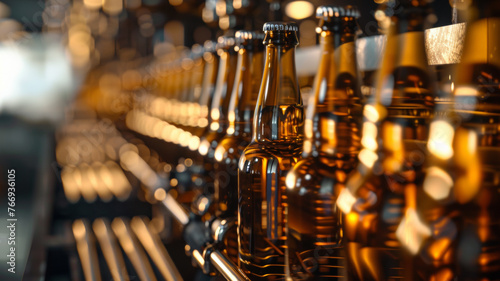 Rows of brown beer bottles on the production conveyer in golden illumination.