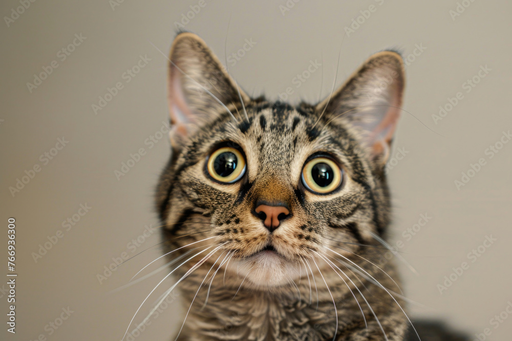 A skeptical and surprised tabby cat with big eyes