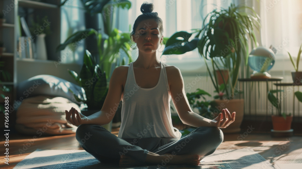 Woman practicing mindful meditation in a peaceful home environment with sunlight.
