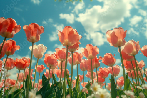 A field of tulips. Realistic photo of blooming tulips. The concept of spring flowers.