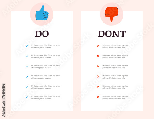 Do and dont list informative illustration, with approval and disapproval icons color scheme, ideal for instructional content