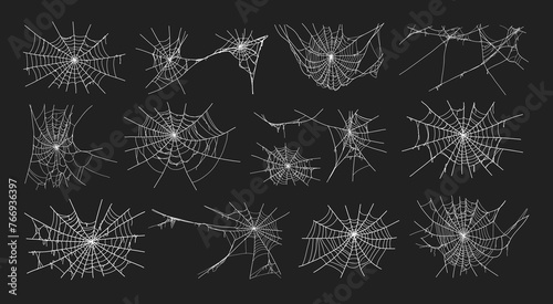 Spooky halloween old spider web with various sizes and shapes. Old cobweb set vector illustration for dark gothic decoration for holidays. Corner spider net insect thread cobweb scary frames.