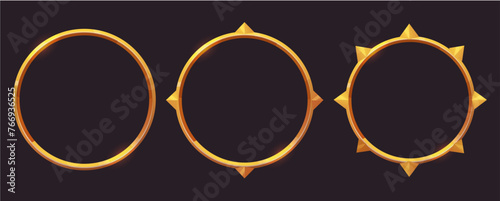 Set Golden round frame game medieval menu, user interface shiny border. Empty border in medieval style, fantasy decoration different shapes isolated on dark background.  photo