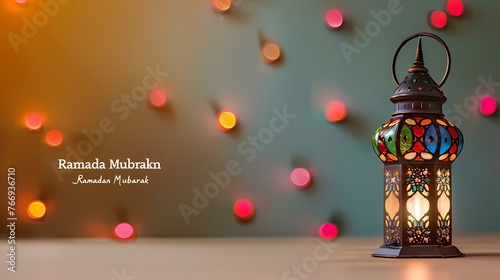 A celebration of simplicity and festivity, featuring "Ramadan Mubarak" text and a colorful traditional lantern on a clean, minimalist backdrop.