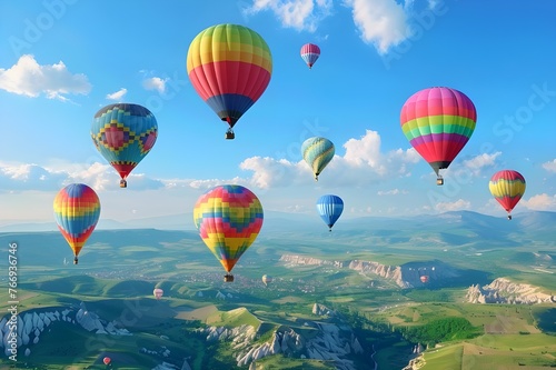 Whimsical Hot Air Balloons - A lively sky dotted with colorful balloons soaring over picturesque landscapes.

