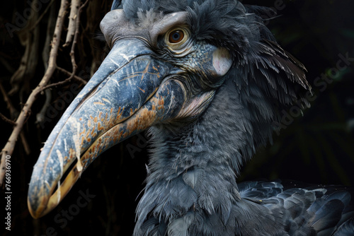 An imposing portrait of the magnificent Shoebill bird