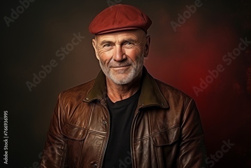 Portrait of a senior man in a leather jacket and cap.