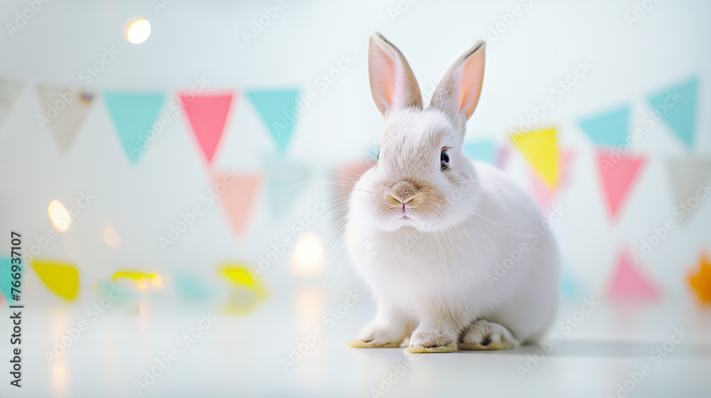 Obraz premium A cute white Easter bunny sits on a white floor, against a background of festive multi-colored flags and Easter eggs. Banner, greeting card with copy space. The concept of the religious holiday of Eas
