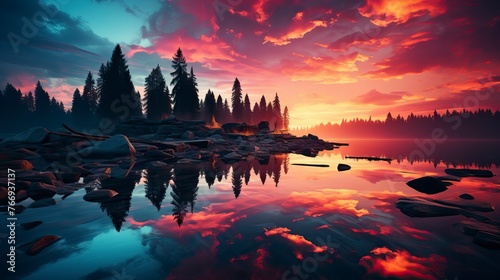 A dramatic sunrise over a tranquil lake. Natural Landscape