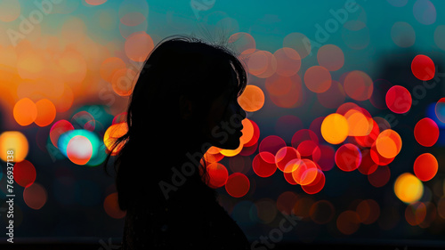 Silhouette of a young woman against a bokeh of city lights, evoking urban dreams and evening mystery.