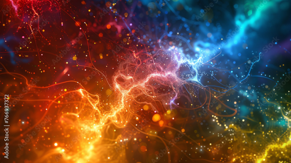 Intertwining streams of light and particles in a spectrum of colors against a dark background, giving a sense of energy and dynamic motion. Intertwining streams of light and particles in a spectrum of colors against a dark background, giving a sense of energy and dynamic motion.