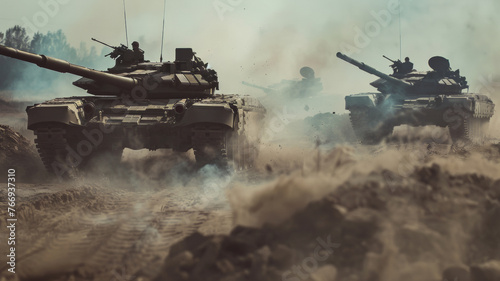 Tanks in motion, kicking up dust in a dramatic desert battlefield scene.