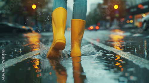Vibrant yellow boots splashing through a city puddle in the rain.