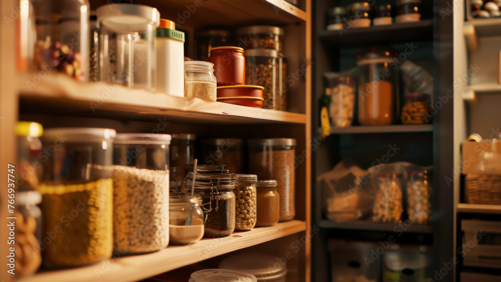 Well-stocked pantry shelves filled with jars of various grains, spices, and staples.