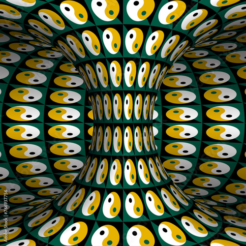 Inner part of torus with pattern of colored Yin Yang symbols. It seems that the torus is spinning. Optical illusion illustration.