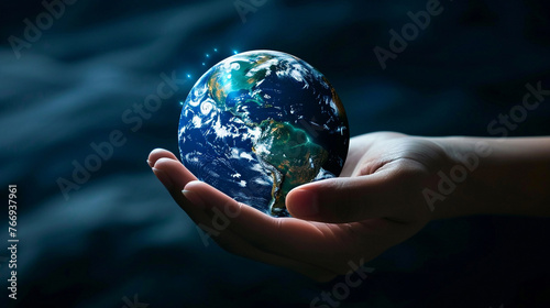 Hand Cradling Planet Earth with Cosmic Background. A symbolic image of a hand gently holding a glowing Earth against a dark cosmic background, denoting care and responsibility.