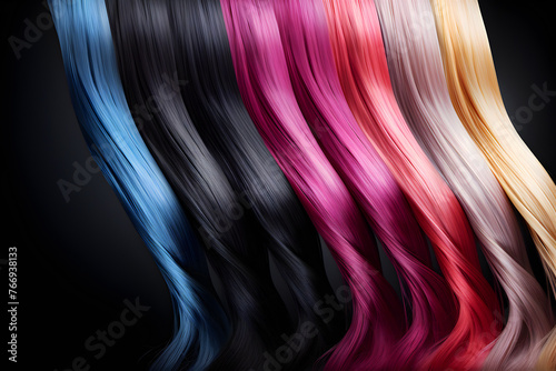 Close-up of samples of all hair colors for presentation in a beauty salon,  generated by AI. 3D illustration