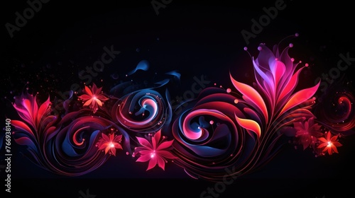 Elegant pattern of leaves and flowers with neon lighting on a dark background.