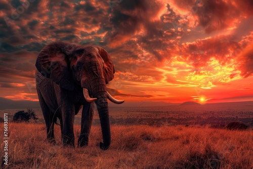 A portrait of an elephant against the backdrop of a breathtaking African sunset