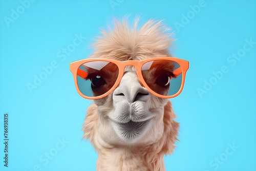 close-up of a funny camel head in sunglasses on a blue background,  generated by AI. 3D illustration © Виталий Сова