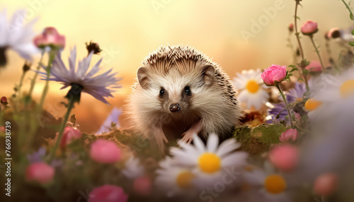 A white hedgehog is standing in a field of yellow flowers
