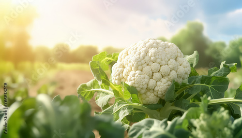 A large white cauliflower is sitting on a leafy green plant