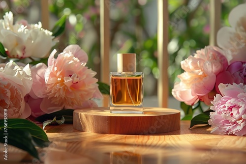 Orange liquid perfume sample on a wooden pedestal with soft-focus blooms with orangy meddling in the backdrop and space, Generative AI. photo