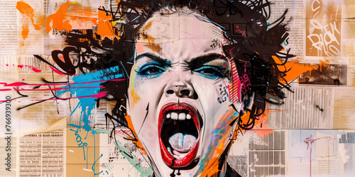 Graffiti, collage of grunge newspapers and painting, illustration of an iconic woman, screaming with a fighting spirit, feminist revolution for equality, urban graphic artwork, street art, mixed media