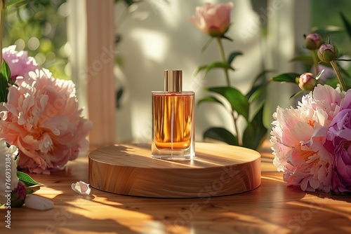 Orange liquid perfume sample on a wooden pedestal with soft-focus blooms with orangy meddling in the backdrop and space, Generative AI.