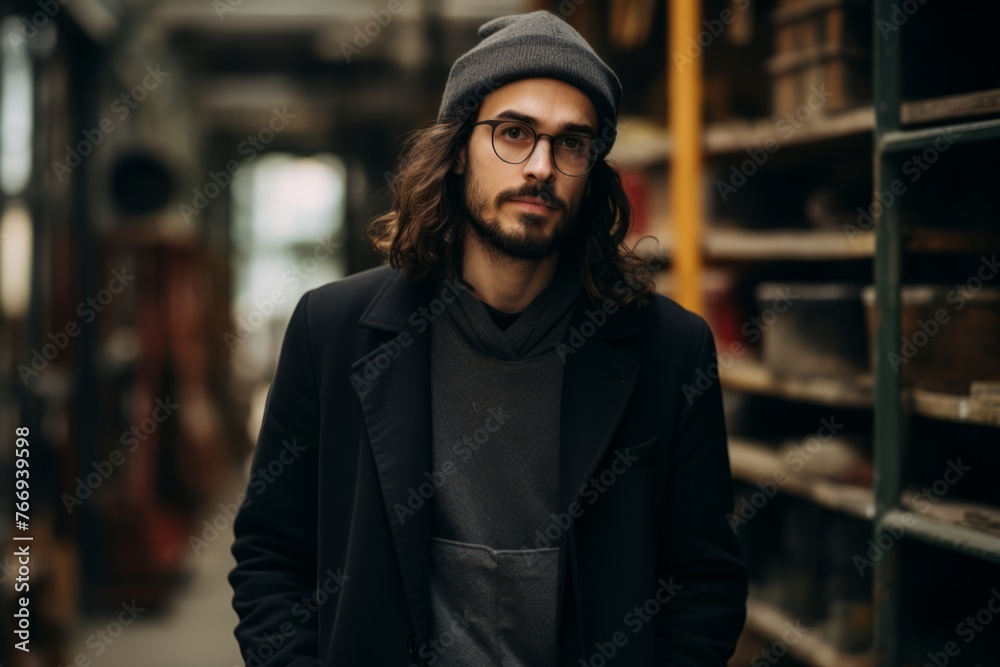 Handsome young man with long curly hair wearing a hat and coat