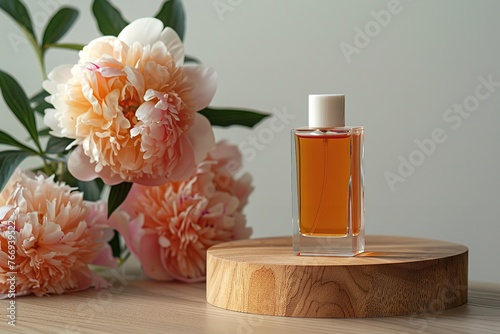 Orange liquid perfume sample on a wooden pedestal with soft-focus blooms with orangy meddling in the backdrop and space, Generative AI.