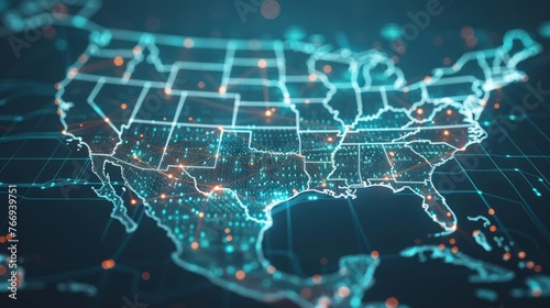 A sophisticated 3D animation of a digital map of the USA, displaying interconnected data lines and glowing nodes across the country. It symbolizes the connectivity and technological advancement photo