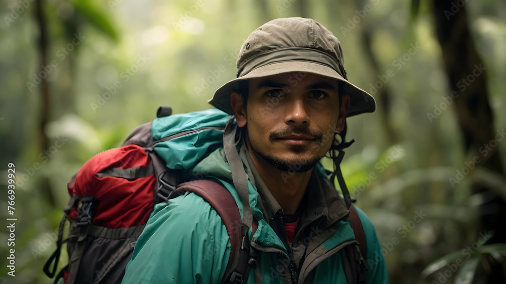Photo real for Backpacker in the Amazon Rainforest in Backpack traveling theme ,Full depth of field, clean bright tone, high quality ,include copy space, No noise, creative idea