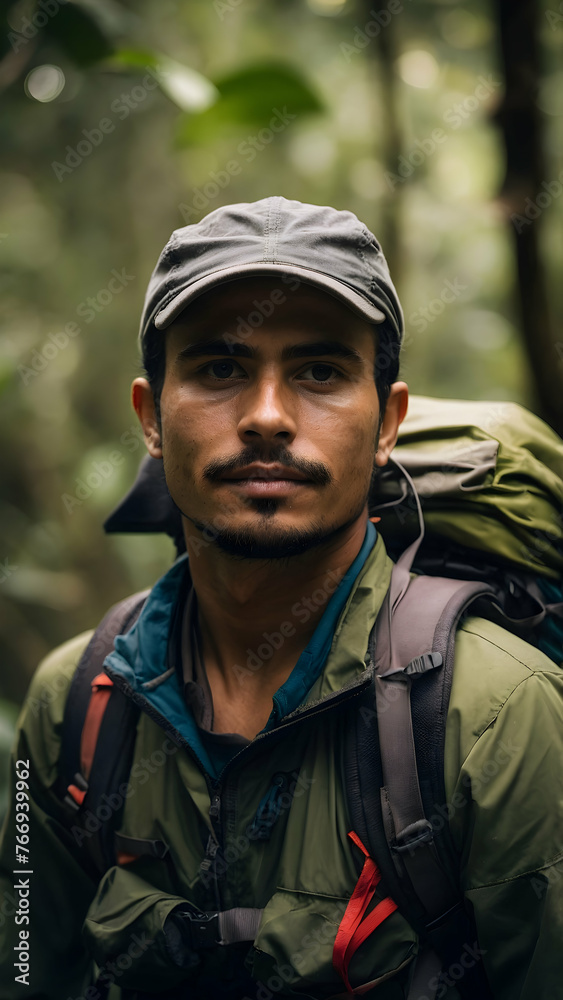 Photo real for Backpacker in the Amazon Rainforest in Backpack traveling theme ,Full depth of field, clean bright tone, high quality ,include copy space, No noise, creative idea