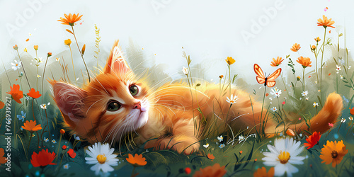 A cute red kitten lies in the grass in a clearing among flowers and plays with a butterfly. Illustration of a funny playful cat. Greeting card with place for text, cover for children's book